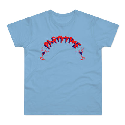 Light blue t-shirt with red and blue "PARTY TIME" text and two martini glasses.
