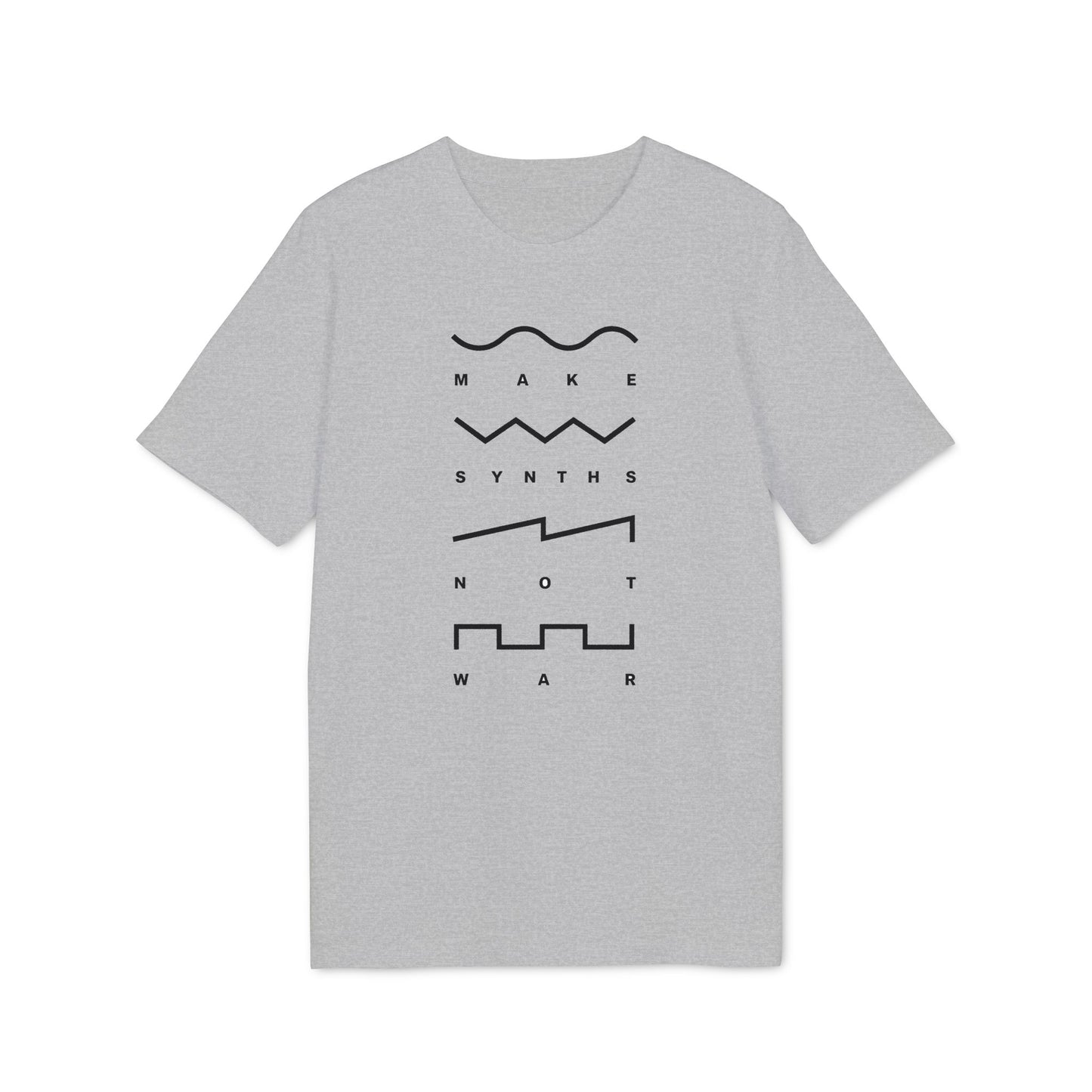 Grey t-shirt with "MAKE SYNTHS NOT WAR" and waveform graphics.