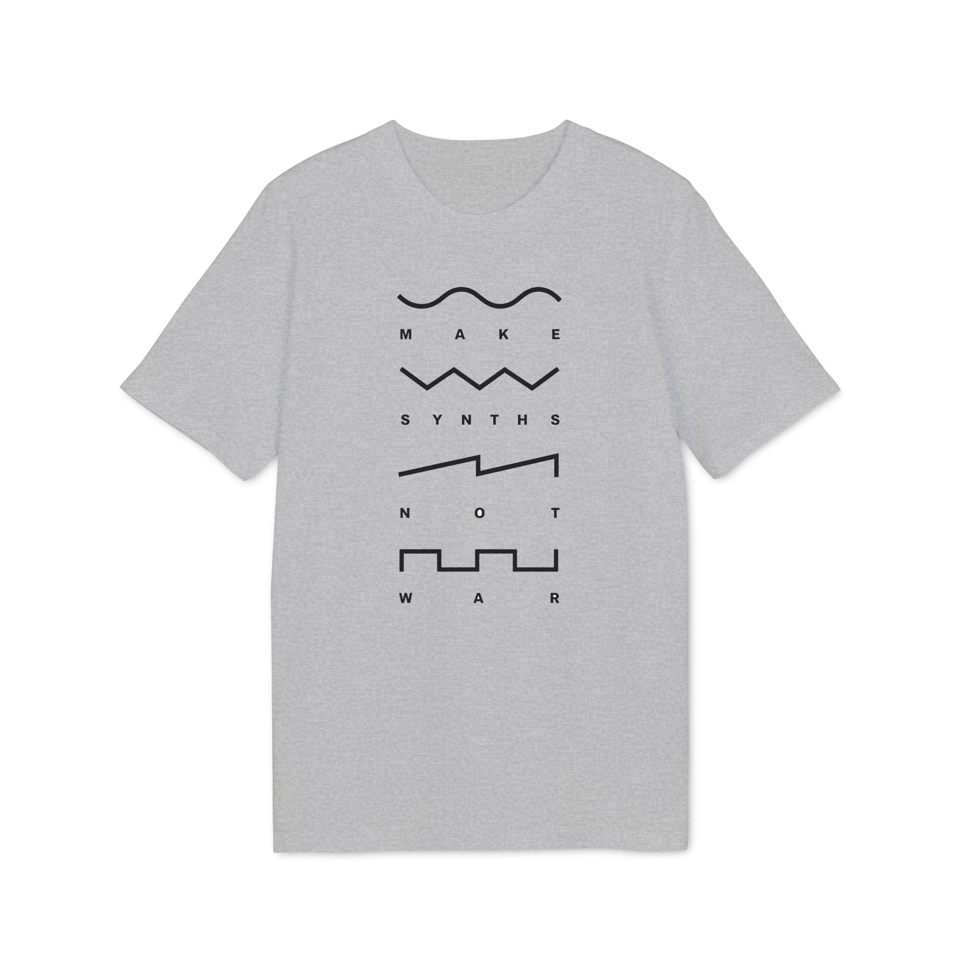 Grey t-shirt with "MAKE SYNTHS NOT WAR" and waveform graphics.