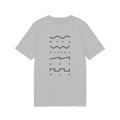 Grey t-shirt with "MAKE SYNTHS NOT WAR" and waveform graphics.