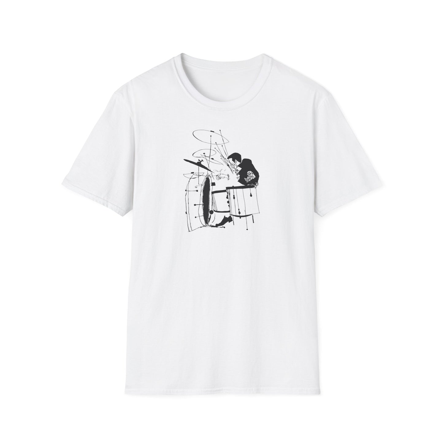 White t-shirt with a black line drawing of a person playing drums.