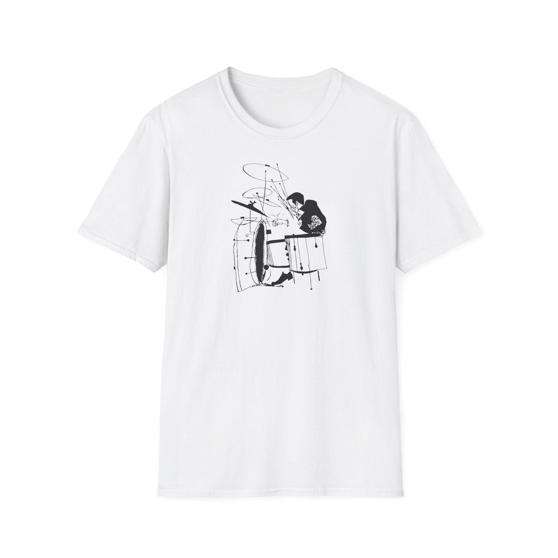 White t-shirt with a black line drawing of a person playing drums.