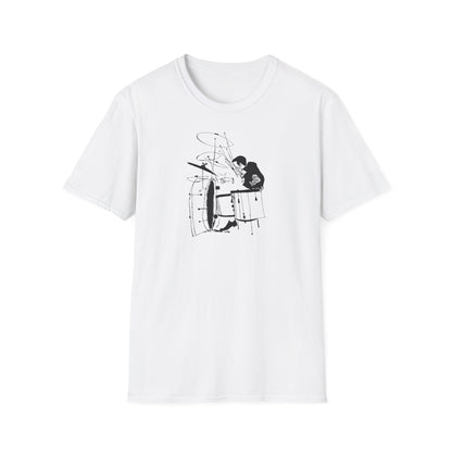 White t-shirt with a black line drawing of a person playing drums.