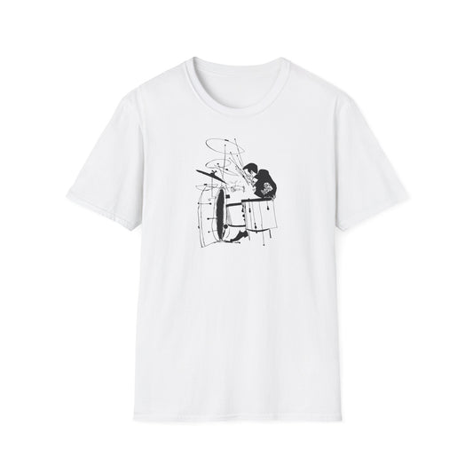 White t-shirt with a black line drawing of a person playing drums.