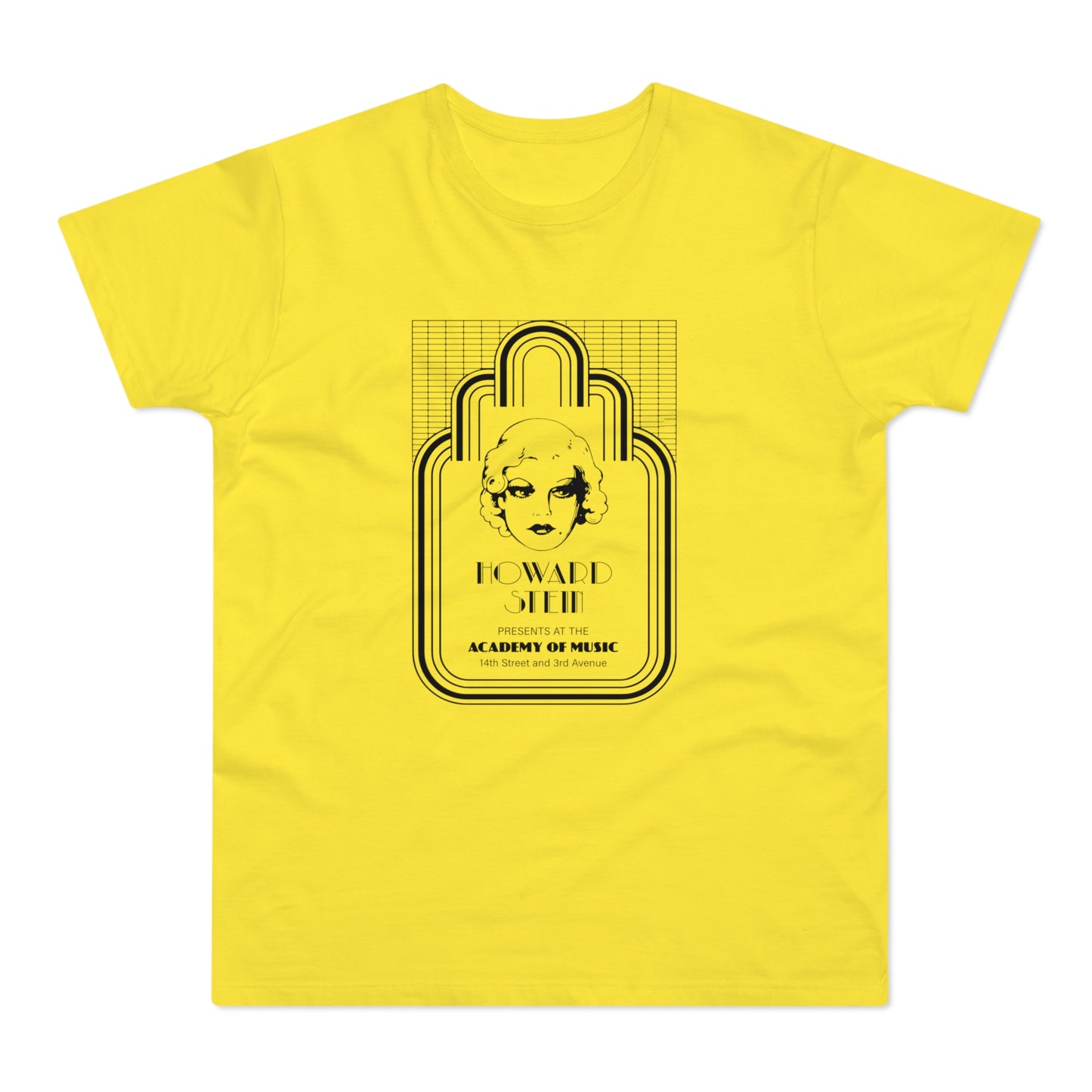 Yellow t-shirt with black graphic of a woman's face and "HOWARD STEIN" text.