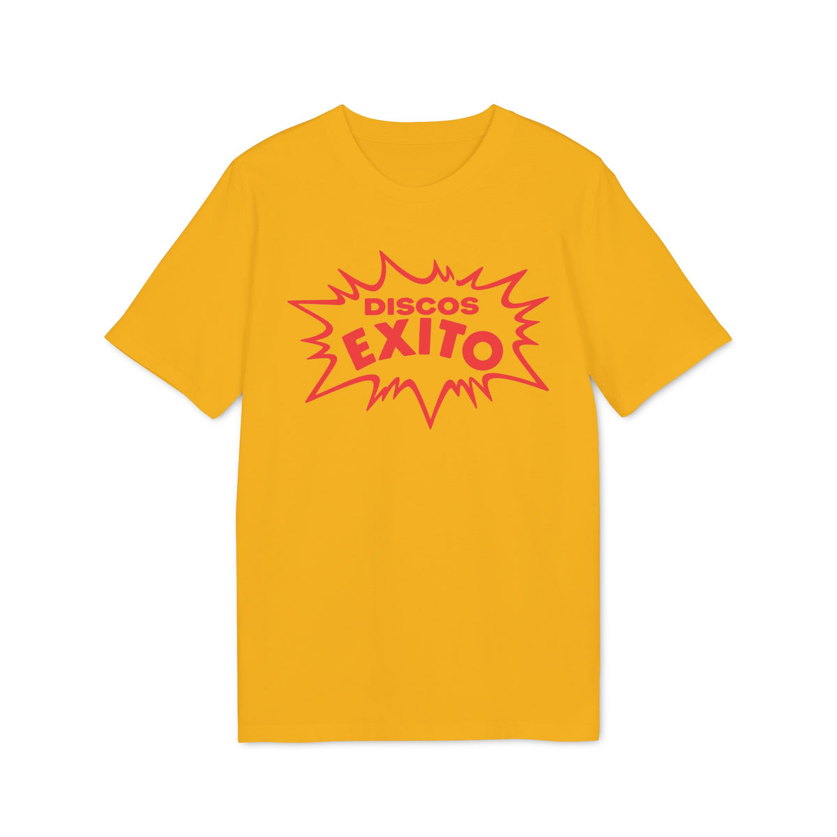 A yellow crewneck t-shirt featuring a red comic-style burst graphic with the text DISCOS EXITO.