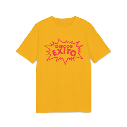 A yellow crewneck t-shirt featuring a red comic-style burst graphic with the text DISCOS EXITO.