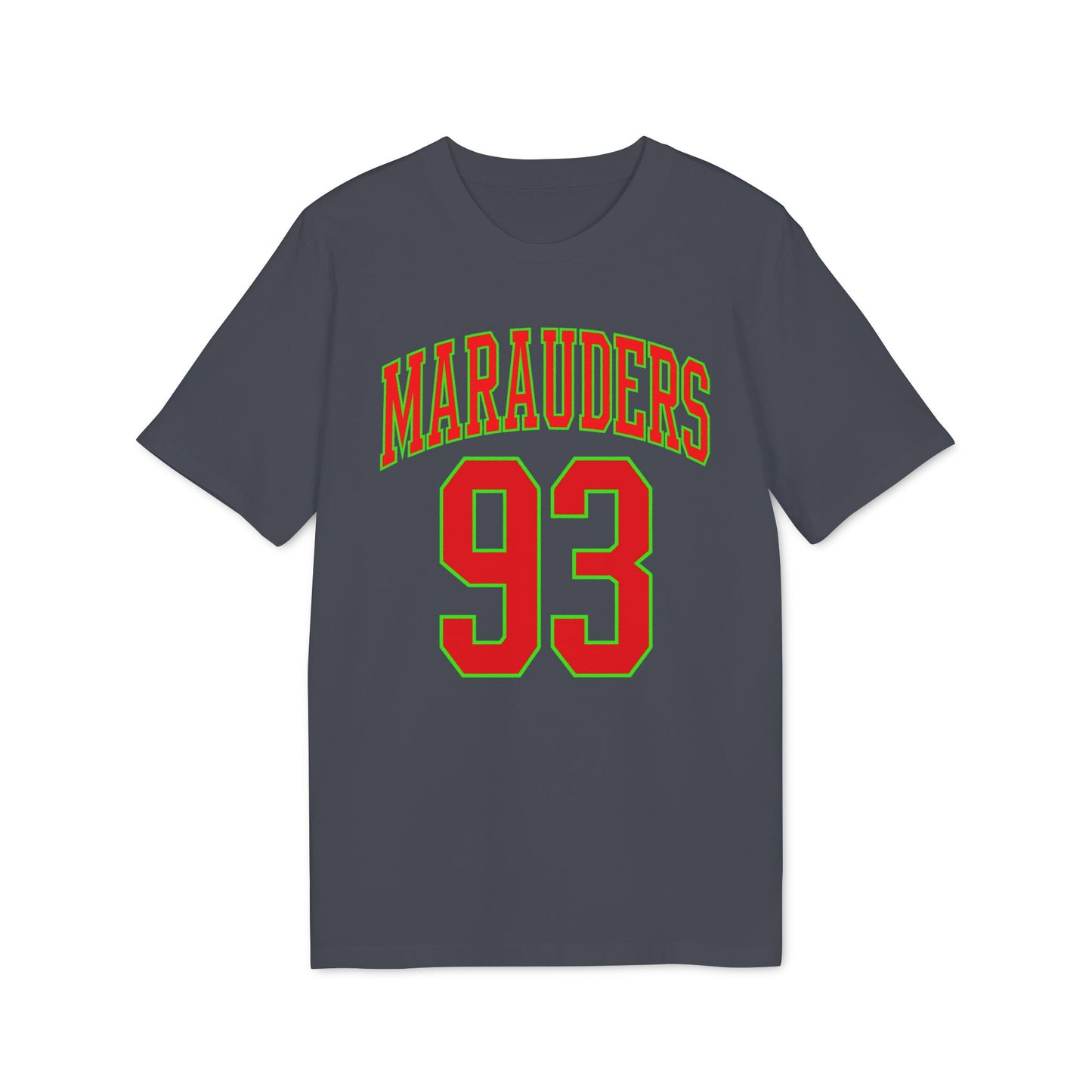Dark gray t-shirt with "MARAUDERS 93" text in red and green.