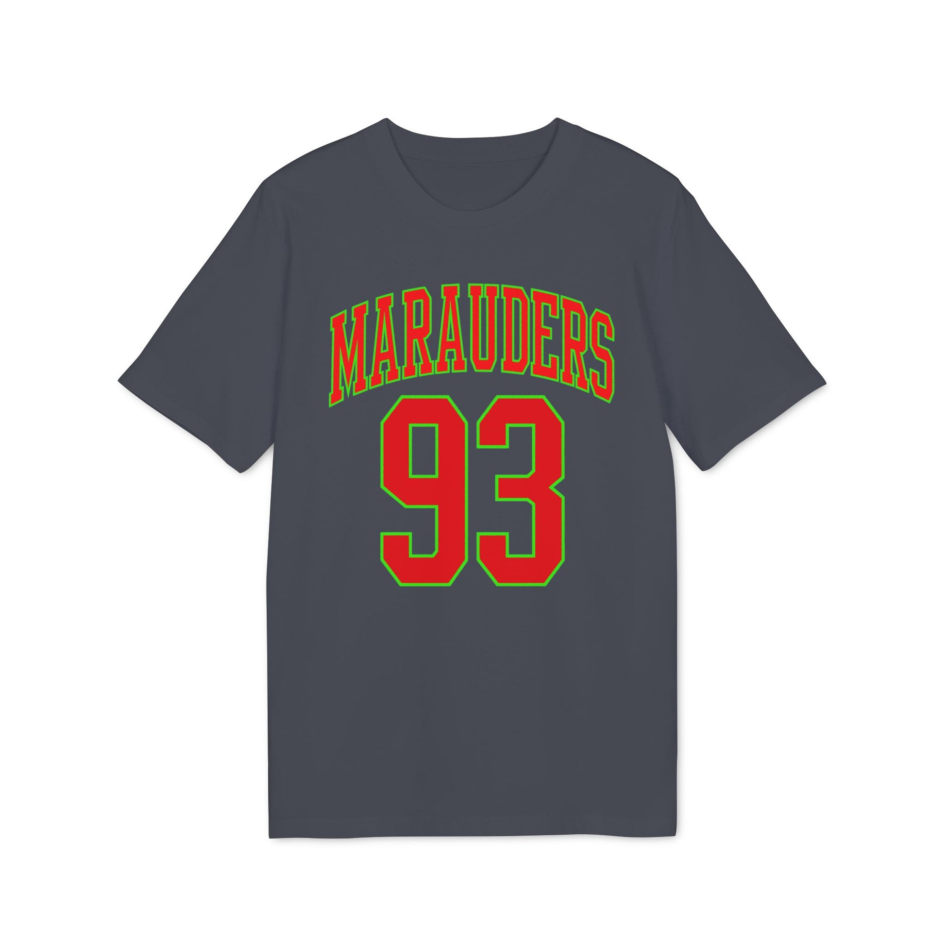 Dark gray t-shirt with "MARAUDERS 93" text in red and green.