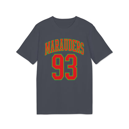 Dark gray t-shirt with "MARAUDERS 93" text in red and green.