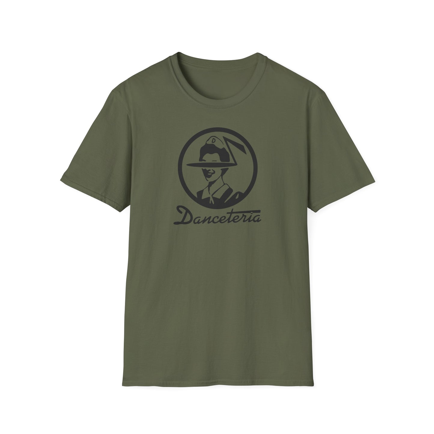 Green t-shirt with a black circular logo featuring a person in a hat and the text "Danceteria".
