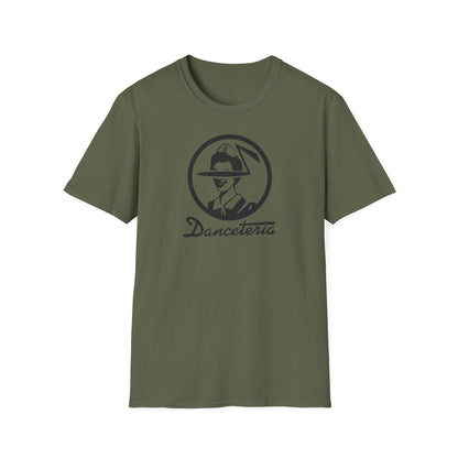 Green t-shirt with a black circular logo featuring a person in a hat and the text "Danceteria".