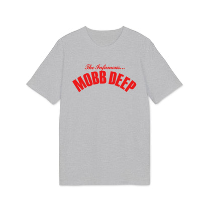 A grey short-sleeve t-shirt with red text reading "The Infamous Mobb Deep" across the chest.