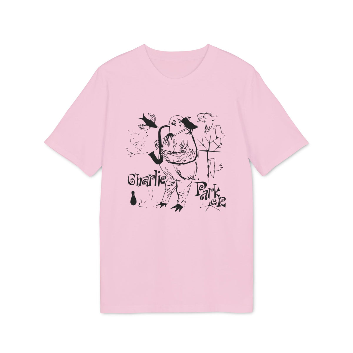 A light pink short-sleeve t-shirt with a black line art graphic depicting Charlie Parker and birds.