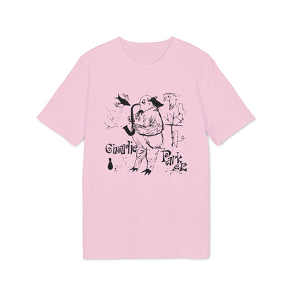 A light pink short-sleeve t-shirt with a black line art graphic depicting Charlie Parker and birds.