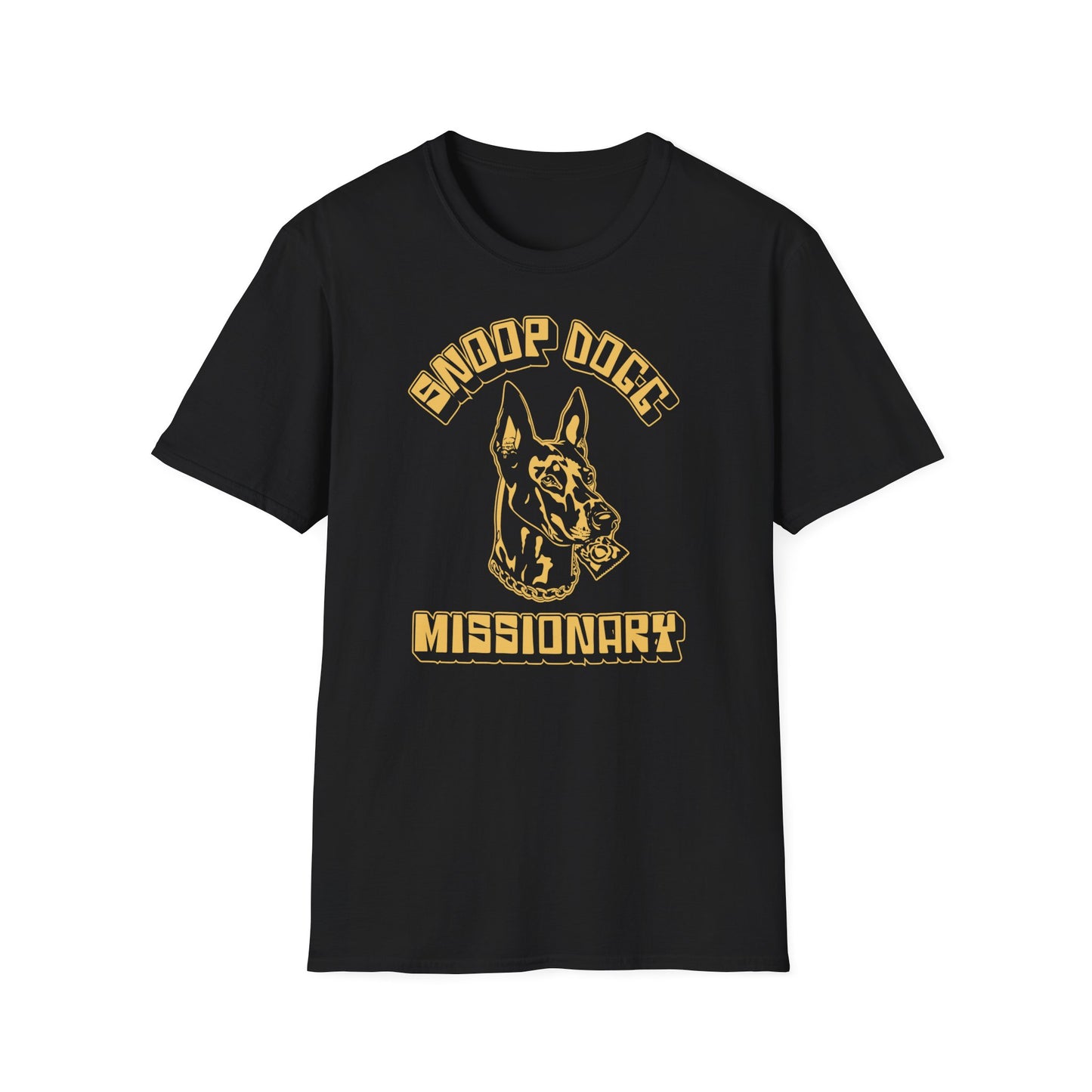 Black t-shirt with gold "Missionary" text and dog graphic.