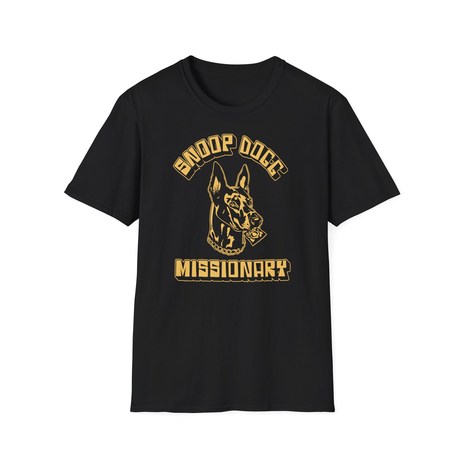 Black t-shirt with gold "Missionary" text and dog graphic.