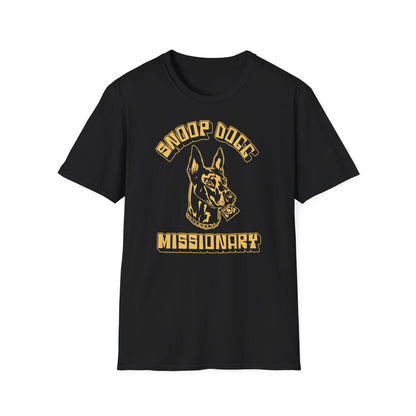 Black t-shirt with gold "Missionary" text and dog graphic.