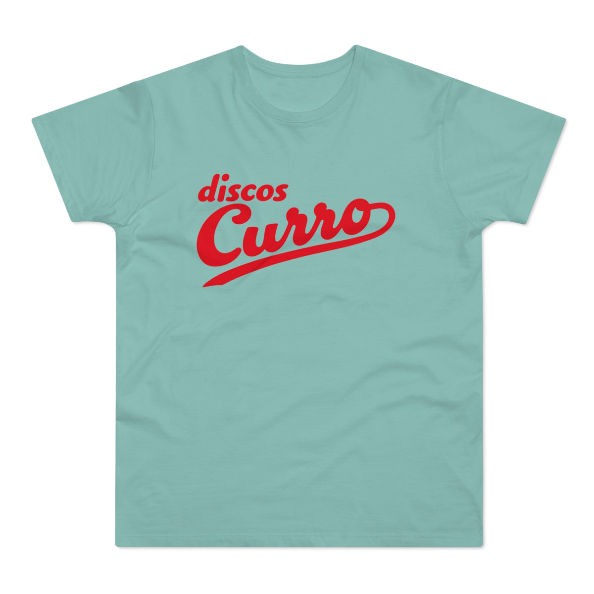 Teal t-shirt with red "discos Curro" script text.