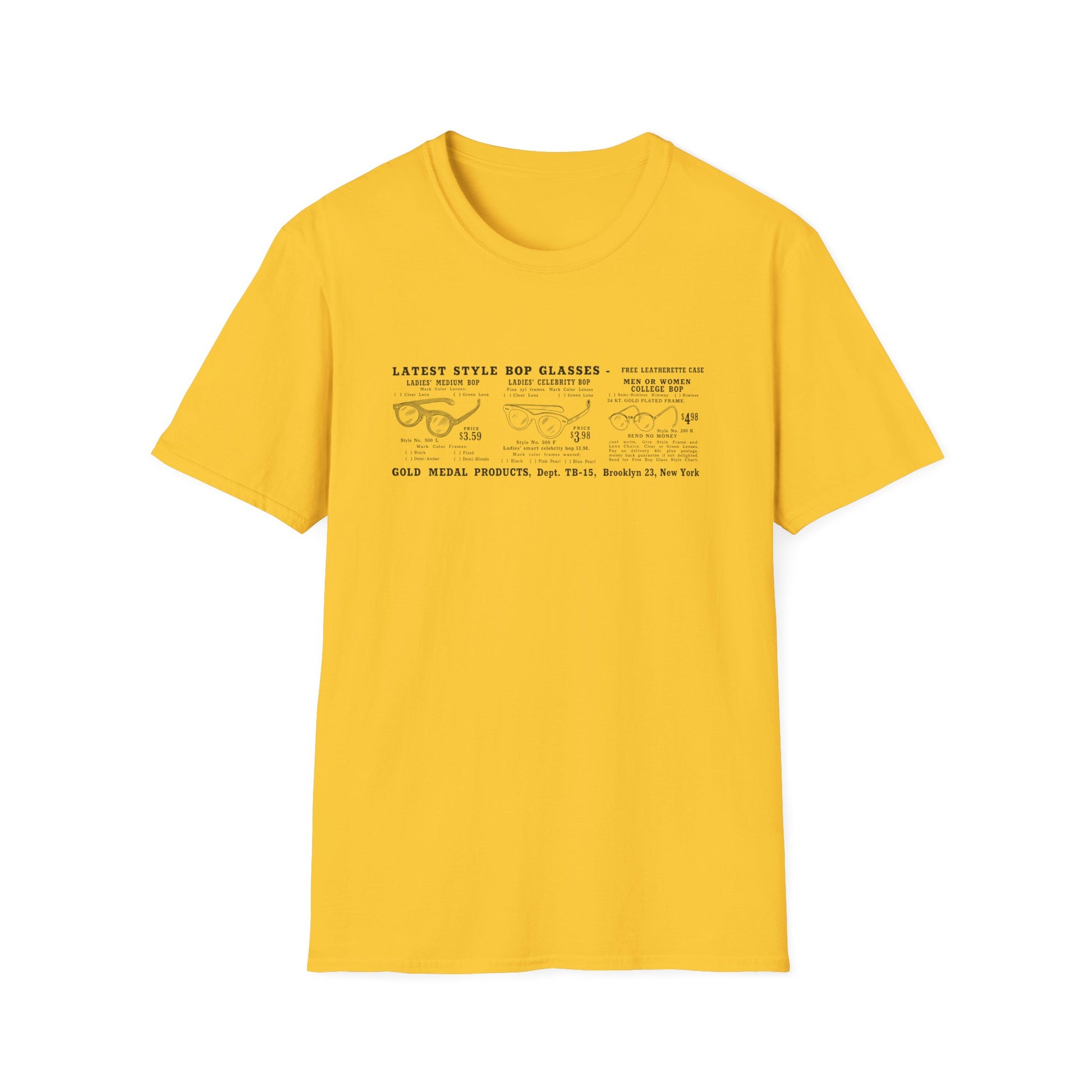 Yellow t-shirt with "LATEST STYLE BOP GLASSES" ad for various glasses.