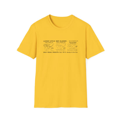 Yellow t-shirt with "LATEST STYLE BOP GLASSES" ad for various glasses.