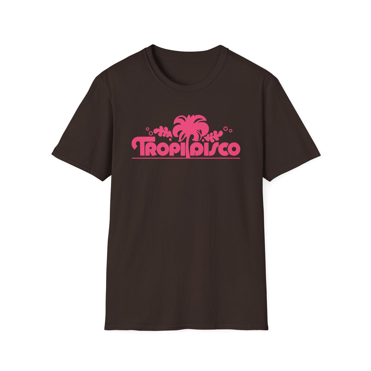 Brown t-shirt with pink "Tropi Disco" text and palm tree graphic.