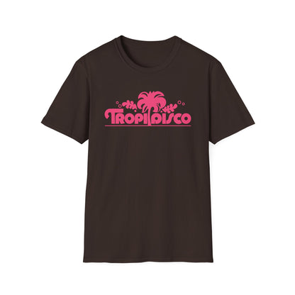 Brown t-shirt with pink "Tropi Disco" text and palm tree graphic.