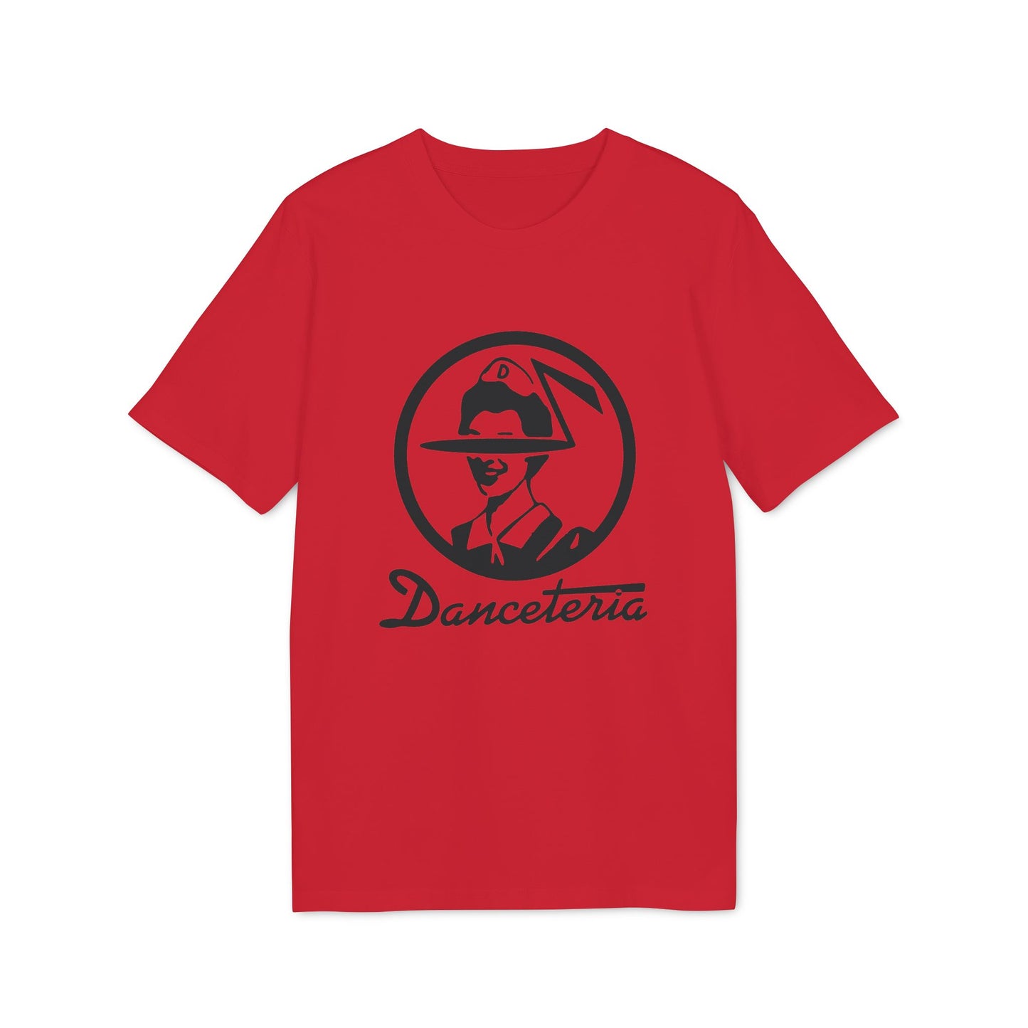Red t-shirt with black "Danceteria" logo featuring a person in a circle.