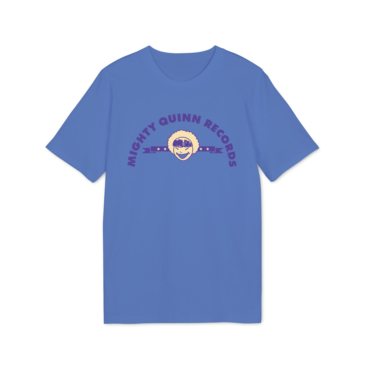 Blue short-sleeved t-shirt with a purple and cream graphic on the chest reading Mighty Quinn Records.