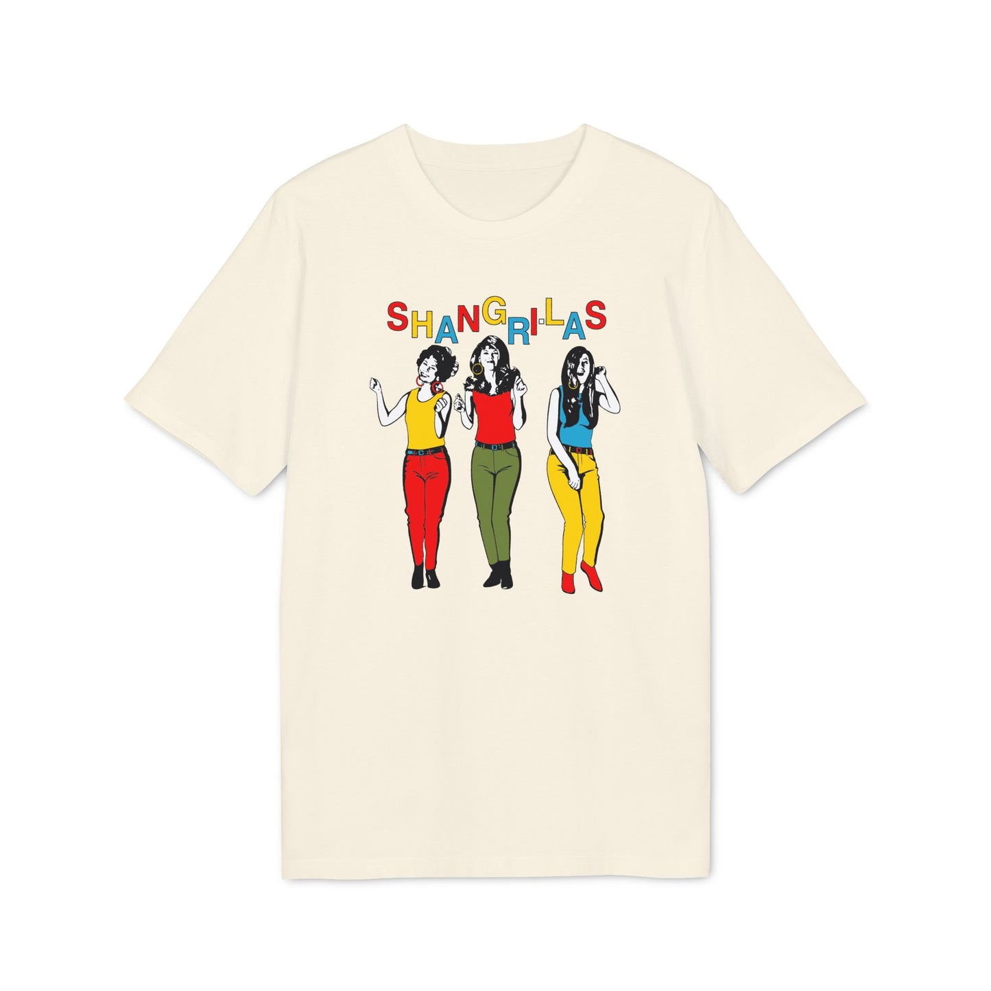 Cream t-shirt with "Shangri-Las" text and drawing of three women.