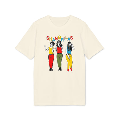 Cream t-shirt with "Shangri-Las" text and drawing of three women.