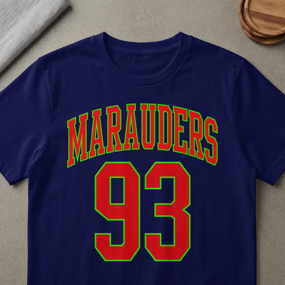 Navy t-shirt with red and green "Marauders 93" graphic.