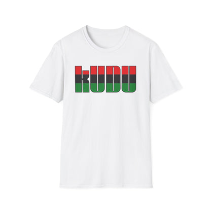 White t-shirt with "KUDU" text in black and red, green, black bands.