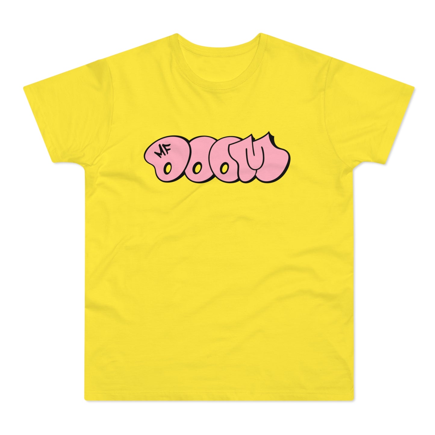 Yellow t-shirt with pink "MF DOOM" graffiti-style lettering.