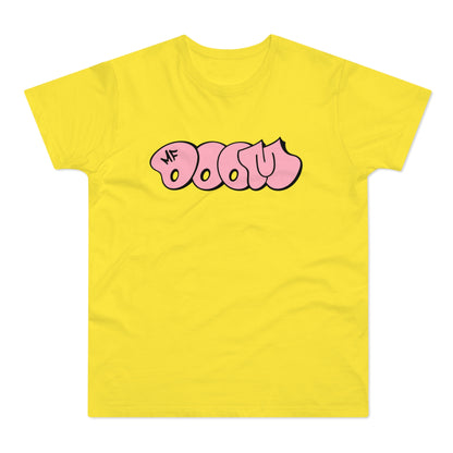 Yellow t-shirt with pink "MF DOOM" graffiti-style lettering.