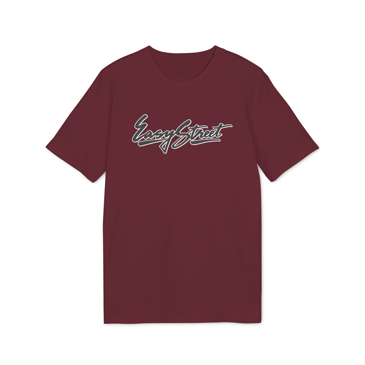 Maroon crewneck short-sleeve t-shirt with stylized white text reading Easy Street centered on the chest.
