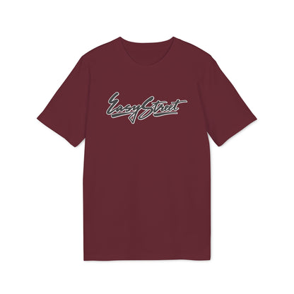 Maroon crewneck short-sleeve t-shirt with stylized white text reading Easy Street centered on the chest.