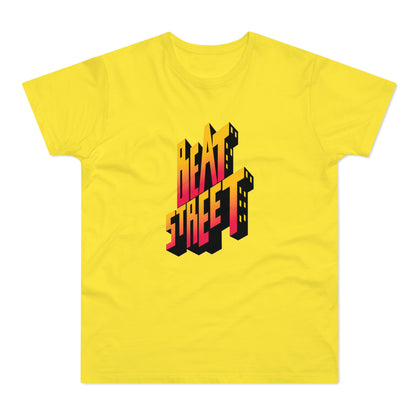 Yellow t-shirt with 3D "BEAT STREET" lettering in red and yellow gradient.