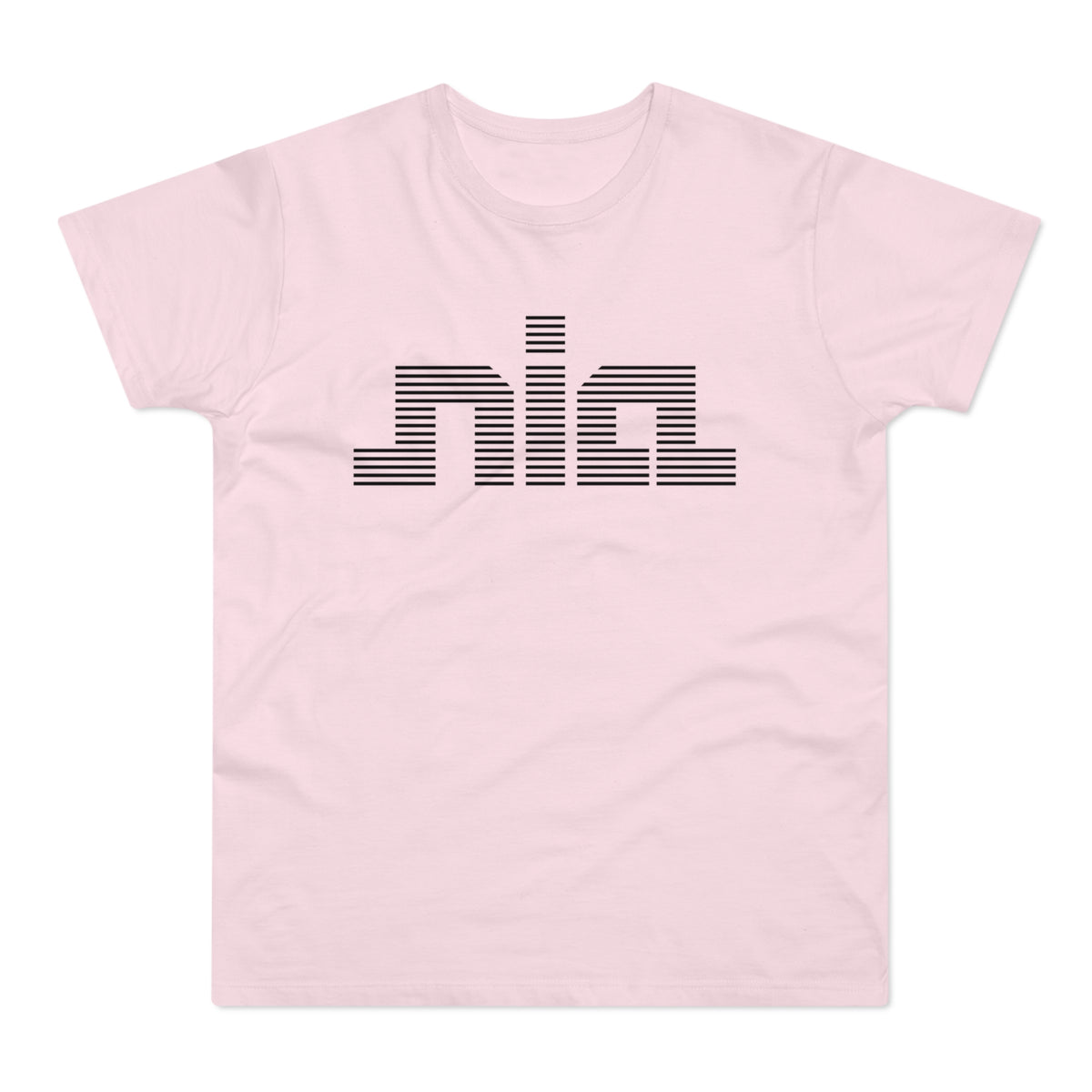 Pink t-shirt with black striped "nia" graphic on front.