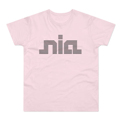 Pink t-shirt with black striped "nia" graphic on front.