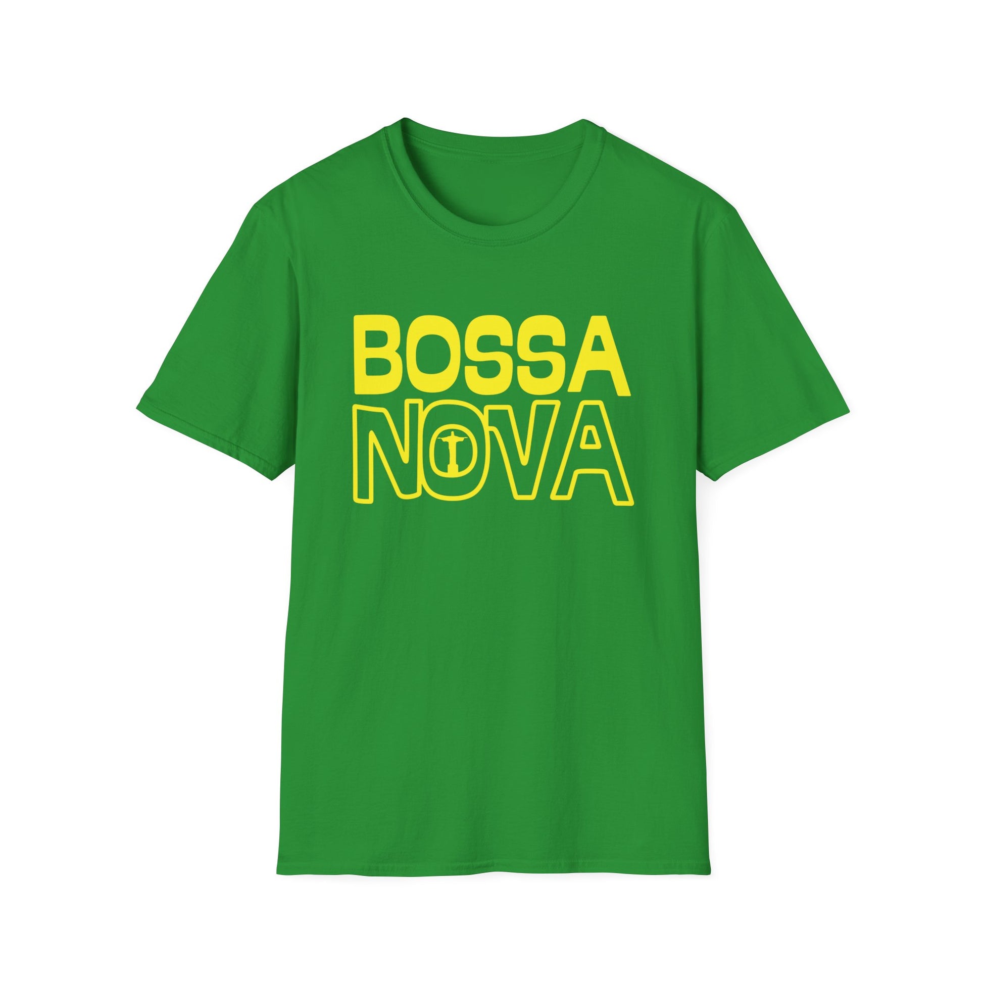 Green t-shirt with yellow "BOSSA NOVA" text and Christ the Redeemer icon.