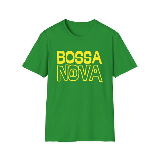 Green t-shirt with yellow "BOSSA NOVA" text and Christ the Redeemer icon.