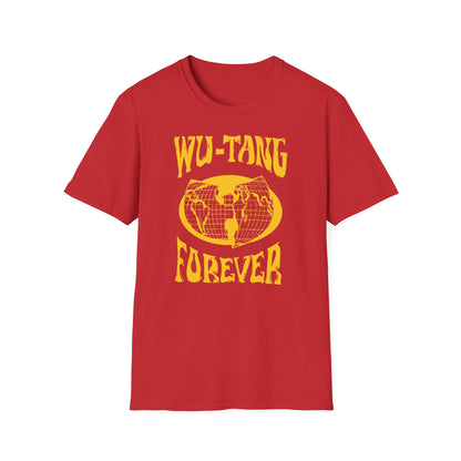 Red t-shirt with yellow Forever graphic and globe.