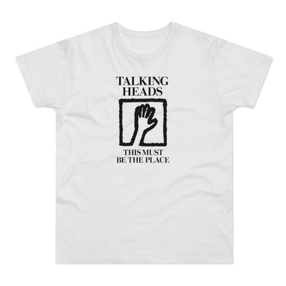 White t-shirt with "Talking Heads This Must Be the Place" and a hand in a square.